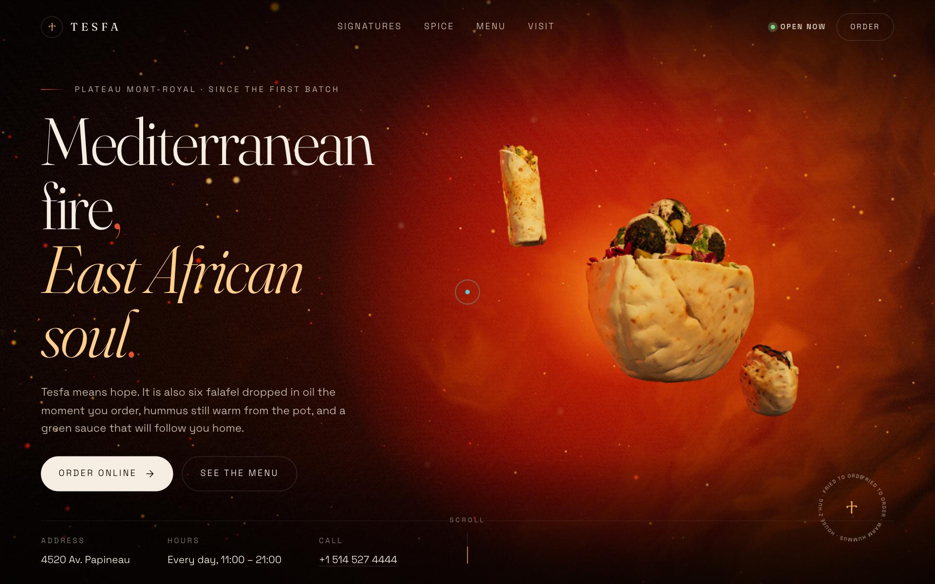 The TESFA storefront: a dark, warm hero with three rotating 3D dishes and the headline Mediterranean fire, East African soul
